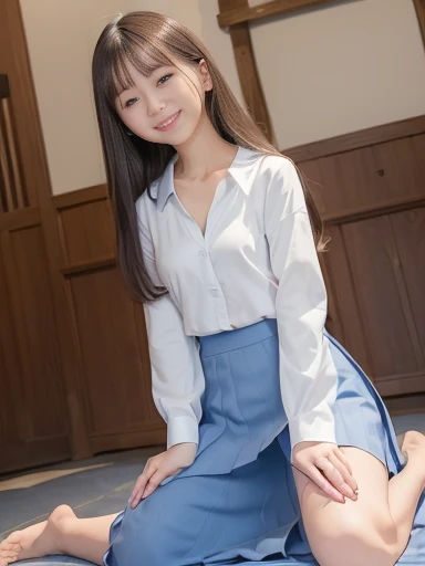 (A woman wearing a white shirt and blue tight skirt:1.4))、((is standing:1.2))、cute smile face:1.1、((top-quality,8K、masterpiece:1.3))、Crisp focus:1.2、Oiled shiny skin、Professional Writing、(((Spread your legs apart)))、(((Close up of white panties)))、((Leg up:1.1))、((From below:1.4)))