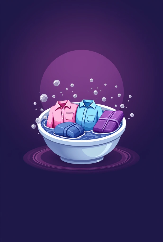 creation d'un logo avec le nom de excellente désinfectant avec l'image des vêtements dans une cuvette de fond mauve foncé