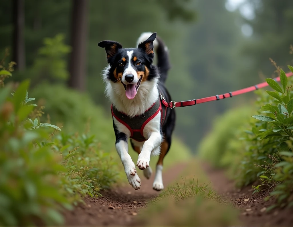 A Border Collie dog is running at the extreme right edge of the image, with its tongue out. The dog is wearing a special running leash, similar to those used for sled dogs. The scene captures only the front half of the dog, focusing on its head and upper body. The surrounding environment is dense with vegetation, creating a closed, natural setting. On the left side of the image, there is a view of thick vegetation, including tall trees. The photo is taken in a high-resolution DSLR style, using a wide-angle lens and an f/4 aperture, creating a soft blur effect in the background to emphasize the depth of the landscape.