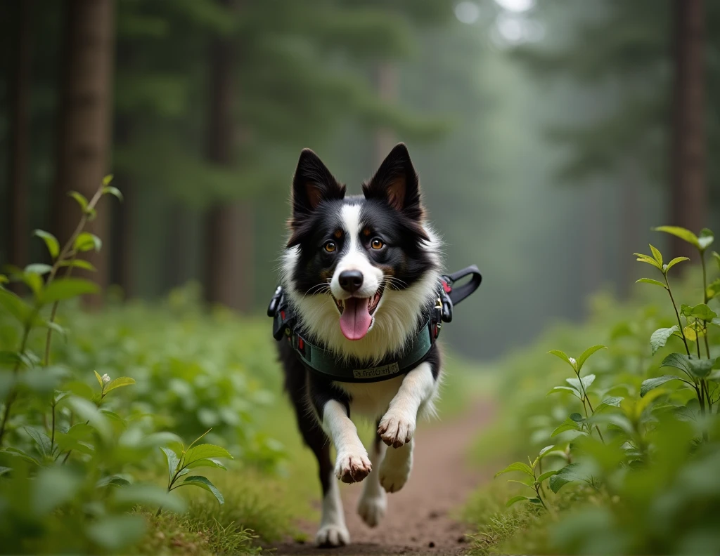 A Border Collie dog is running at the extreme right edge of the image, with its tongue out. The dog is wearing a special running leash, similar to those used for sled dogs. The scene captures only the front half of the dog, focusing on its head and upper body. The surrounding environment is dense with vegetation, creating a closed, natural setting. On the left side of the image, there is a view of thick vegetation, including tall trees. The photo is taken in a high-resolution DSLR style, using a wide-angle lens and an f/4 aperture, creating a soft blur effect in the background to emphasize the depth of the landscape.