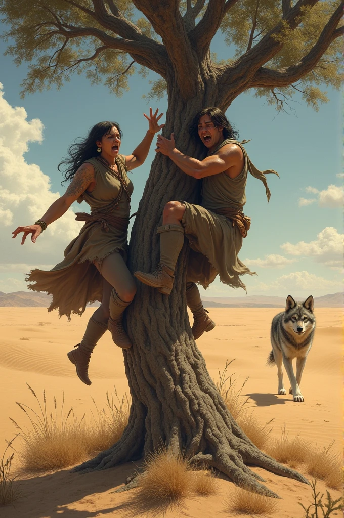 Two figures in the desert climbing a tree in fear of a wolf