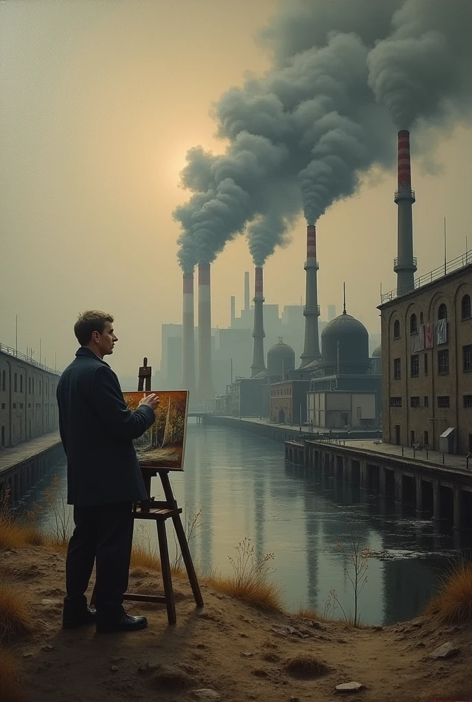 Change the background of the painting "the painter"by Jorge Vinatea for a pollution fund 