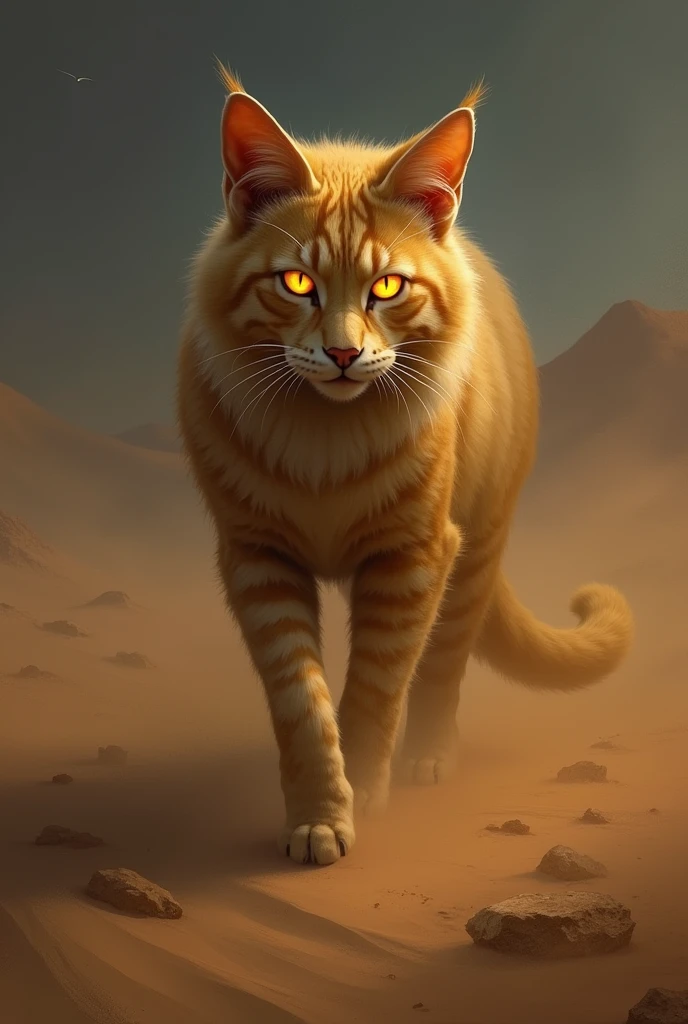 ### 1. **Introduction to the Sandcat**
*Visualize the mythical figure known as "The Sandcat," a human body figure with feline features, seamlessly blending into the desert landscape. His fur is the color of the golden dunes, and his amber eyes glow in the twilight. He moves stealthily through the sand, his body a mix of human and cat, exuding both grace and cunning. In the background, the vast, empty desert stretches under a darkening sky, with the silhouette of distant dunes adding to the mysterious atmosphere.*