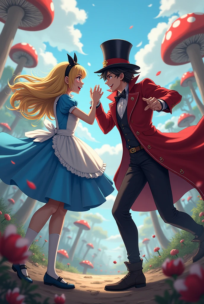 I want Alice, male version and the Queen of Hearts, male, the two fighting, anime version, a little realistic, male, the two