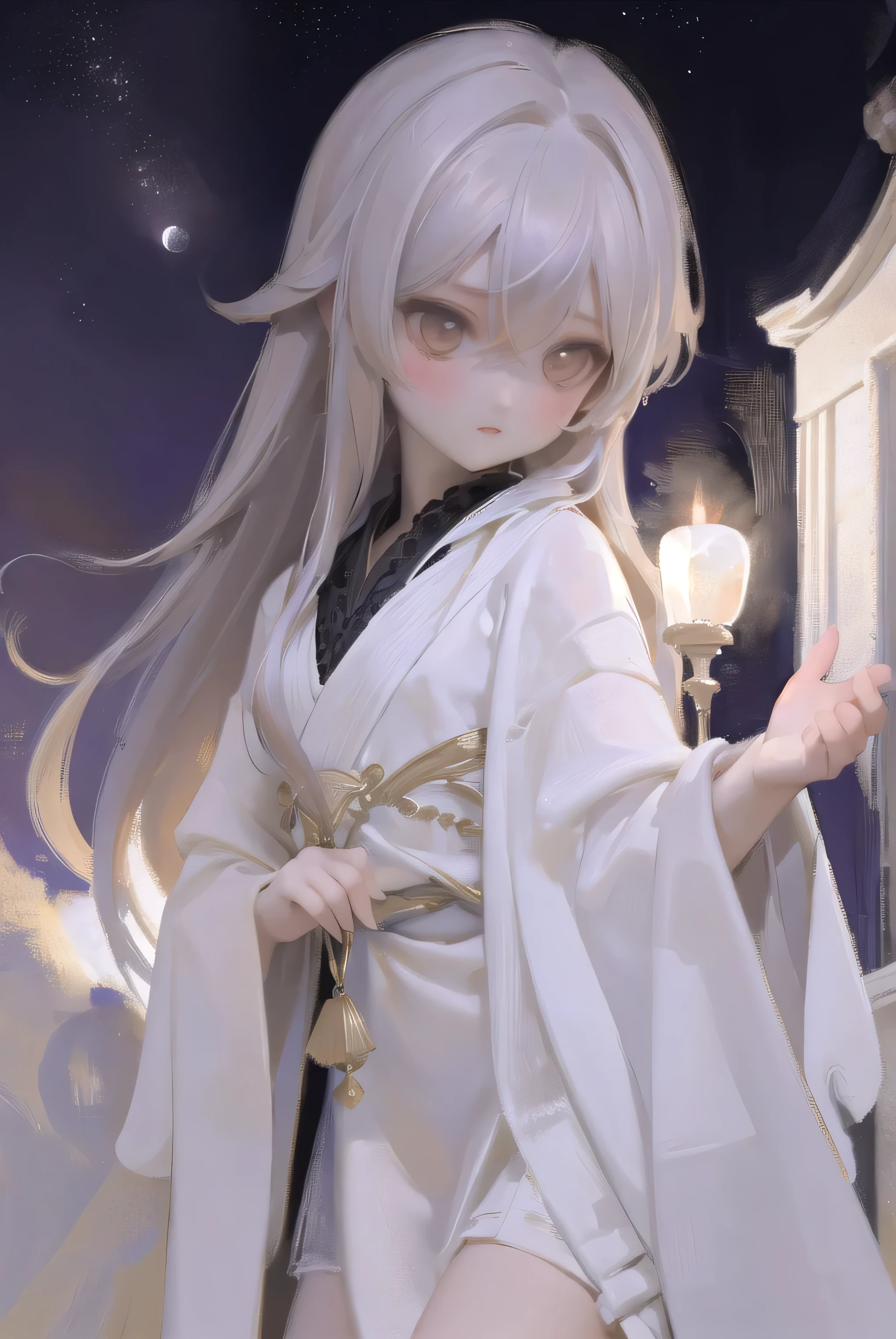 (Style by NTY:1.4), female, dark, mature, under the moonlight, in heavy white robes, intricate, looking up at the sky, tan skin, long shot