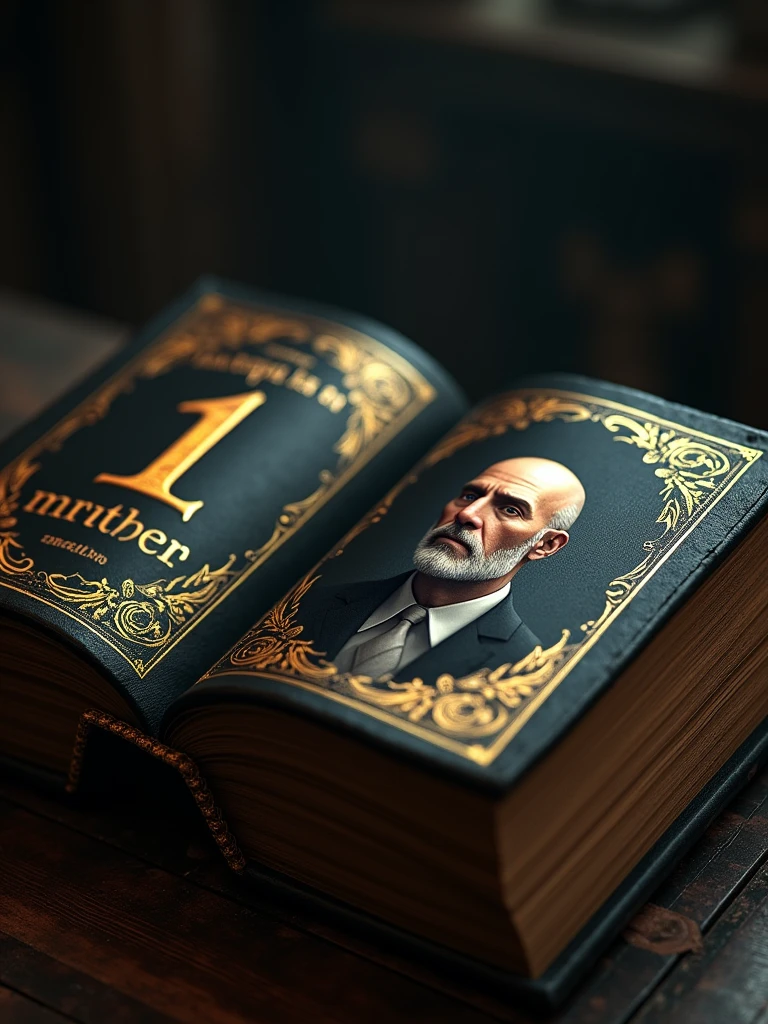 a black book with golden details, with the number 1 in the center in a golden font with the text "TROPA M" below, open on the page where it shows a bald man named Matheus