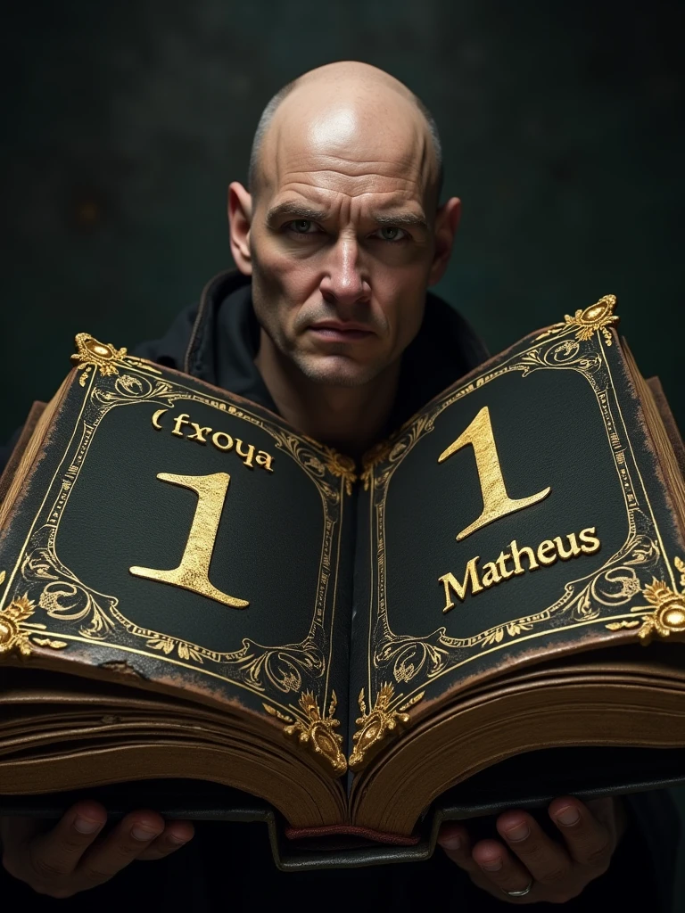 a black book with golden details, with the number 1 in the center in a golden font with the text "TROPA M" below, open on the page where it shows a bald man named Matheus