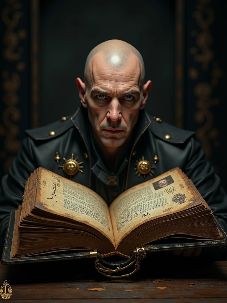 a black book with golden details, with the number 1 in the center in a golden font with the text "TROPA M" below, open on the page where it shows a bald man named Matheus