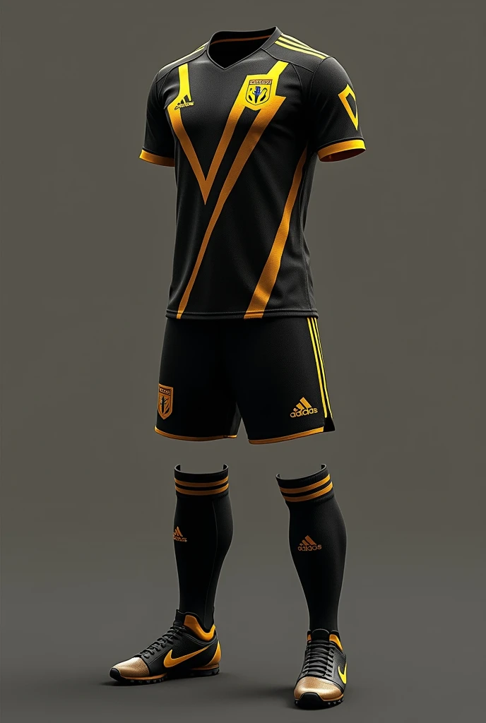 Create a black and gold soccer uniform for the team called Pentagon 