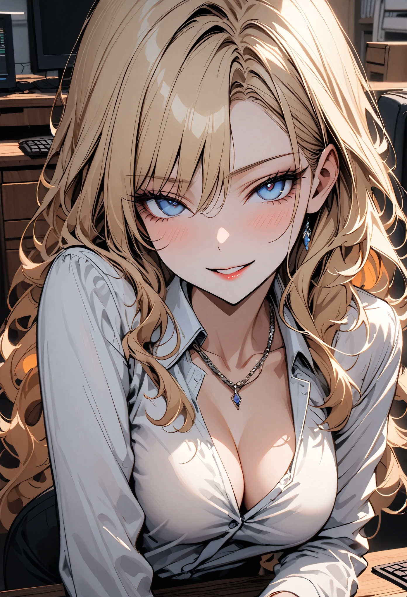 solo female, close up, long wavy blonde hair, blue eyes, wink, secretary, office, wooden furniture:0.1, white business shirt, seductive smile, elegant, loose shirt, necklace, business jacket, cleavage, computers, large breasts, flirty