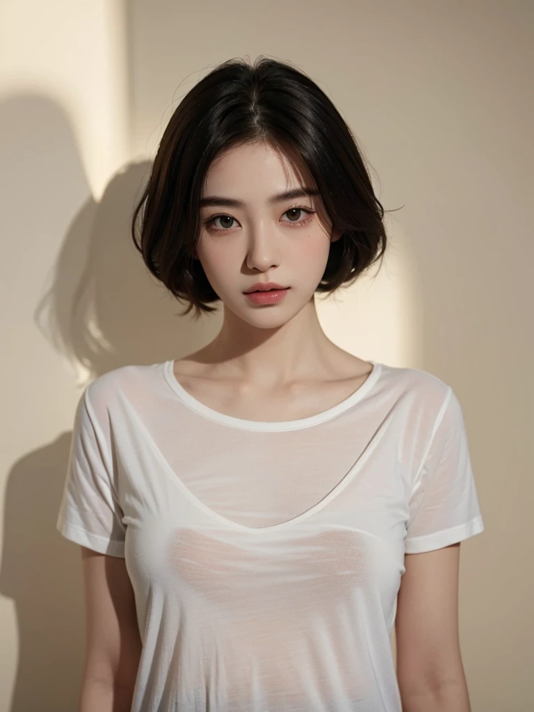 Highest quality、masterpiece、Ultra-high resolution、(Realism:1.4)、 1 person、In a pale background、Deep Shadow、Low Key、Shortcuts、Upper Body、sex appeal、Wearing a thick T-shirt、Cosmetic CM