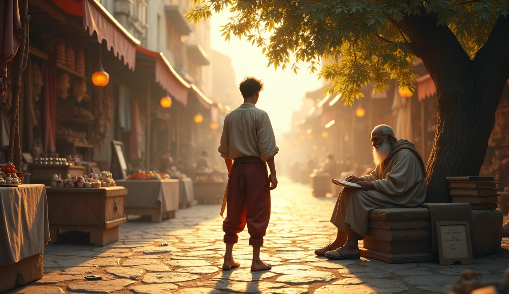 Create a hyper-realistic and mysterious image of a young man in an old market, standing at a crossroads where one path leads to a stall of shiny, tempting wares, while the other path leads to a wise elder, sitting under a tree, with books and scrolls of wisdom around him. The young man is in a moment of hesitation, with an expression of contemplation. The scenario should capture the market turmoil, but with a soft, golden focus on the elder and his texts, symbolizing the choice between momentary impulses and the search for lasting wisdom.
