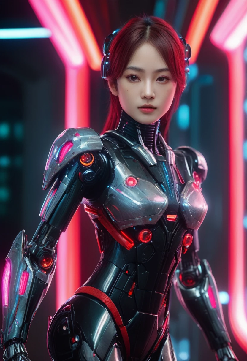 xxmixgirl. Highly detailed professional 35mm film, bokeh, face in sharp focus. A robotic female, Miku, with ((metal skin)), ((perfect Asian eyes)) with magenta irises and ((black pupils)), beautiful serious (detailed face), 18 year old ((photorealistic face)), very long magenta twin tails of magenta hair, twin black hair ties with a single red stripe. She may have a black audio headpiece. We can see her ((full body)) down to her boot soles. Her outfit is a sleeveless collared light grey shirt, outlined in red around the frilled collar and hems. Shiny reflective ((metallic breast cups, dimpleless)), invisible nipples. She wears black sleeves with red hems that start around her upper arm and bellow out as the sleeves open and extend to her wrists, with wide trumpet red rimmed cuffs. She has perfect robotic (detailed hands). She wears a red colored tie with two horizontal solid parallel black lines halfway across. She wears a fabric black skirt with a horizontal red hem at the bottom all the way around; her (((black skirt wraps around her))) and ((her skirt completely covers)) her robotic waist and thighs. Tall black boots with red bottom soles, a red rim around the top at her thighs. Her mechanical shoulder joints are visible. We can see her robotic legs and robotic neck. Half of her is covered with shiny polished machinery. The background is a distant dark neon futuristic Japanese city, gold, cyan, violet neon, near harbor or mountains.