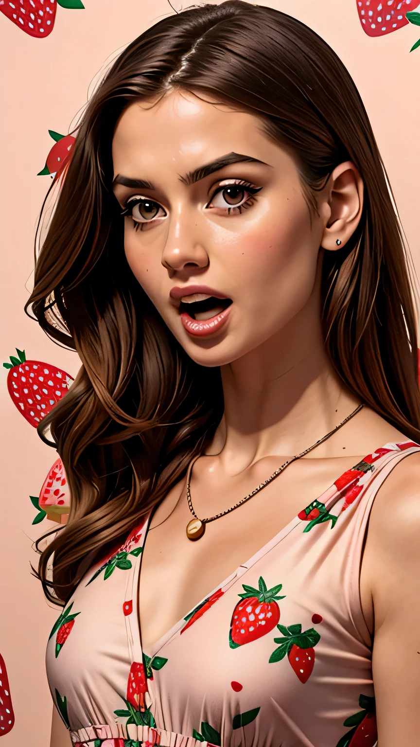 strawberry print, food print, floral print, 1girl, 2, necklace, solo, print dress, open mouth, jewelry, strawberry, small bust, open clothes, lips, long hair, upper body