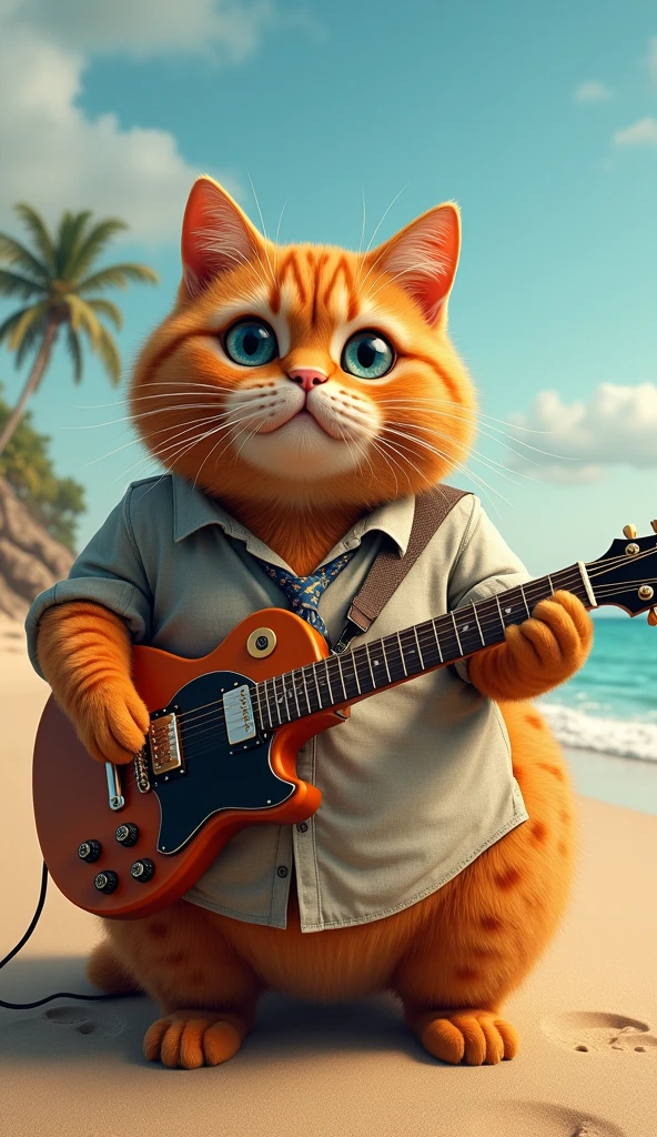 Make a picture of a fat orange cat with blue eyes, flat nose, facing the camera, wear a cool shirt and tie, is playing an electric guitar with a beach background, Wide, full body, 8k super realistic