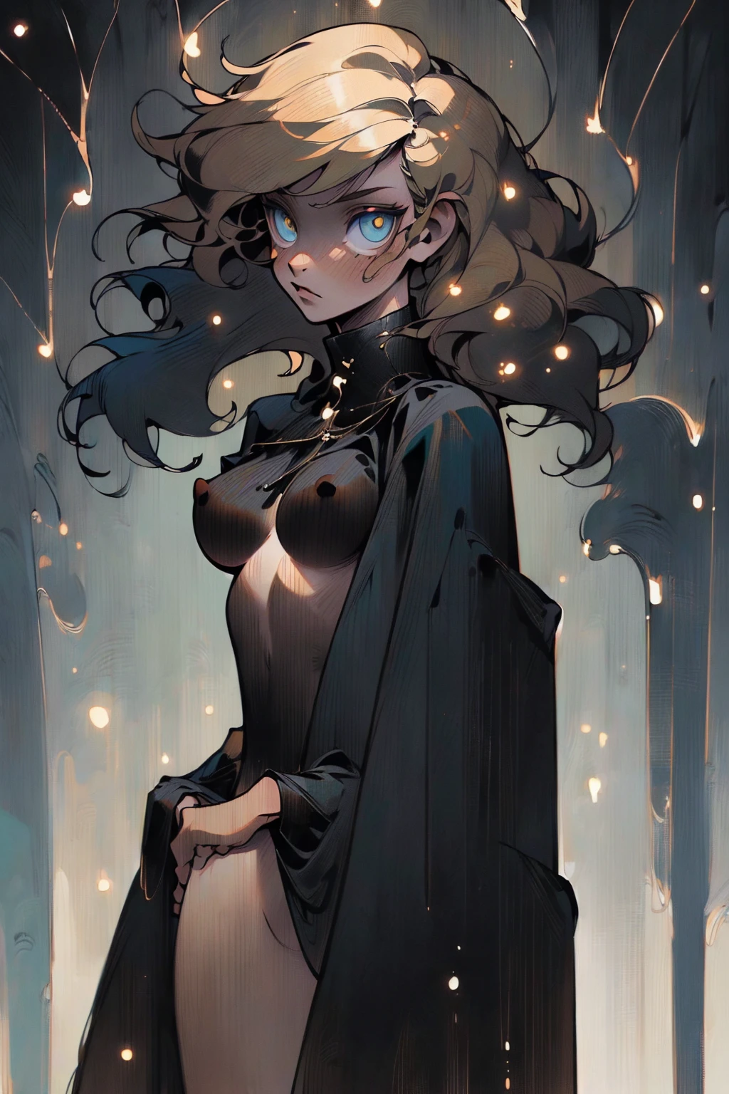 ((8k: 1.27), (maximum quality, art, super high resolution: 1.2), (4K illustration quality), Perfect Female Body, Slim body, long and curly hair, blond hair, ((naked underneath wearing a black cape)), No panties, No bra, showing legs proiminent nipples, small breasts, ((dark forest)), ((night))