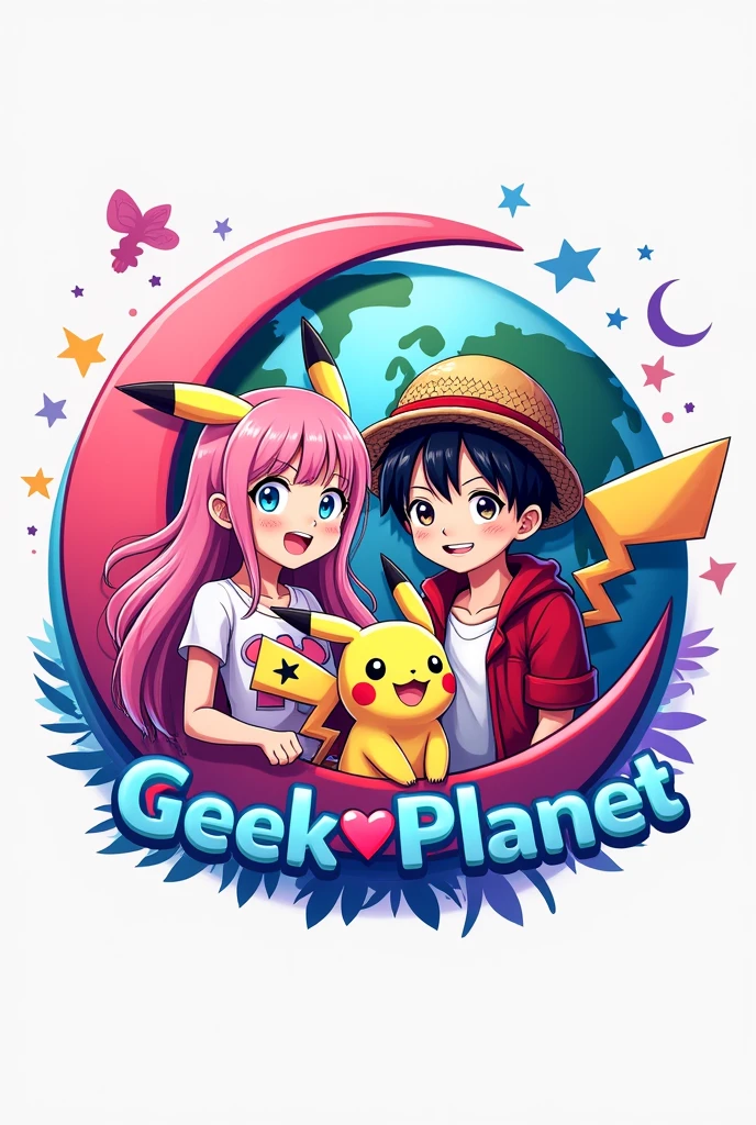 A logo with a world in the background, the pink and purple crescent moon and star heart symbol in the upper left corner in vivid colors, one or two anime figures, a boy with wavy hair and a girl with long straight pink hair, like Pikachu ears, with a Pikachu shirt and a Luffy hat from One Piece,  and have the name geek planet in the middle 