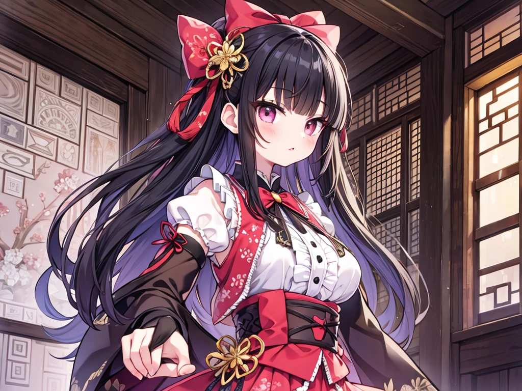 masterpiece,best quality,very aesthetic,absurdres,
japanese style,Checkerboard pattern background,solo,bamboo,looking at viewers,Dull colors,
full body,stand,1 ,slender body,babyface,big eyes,(eyeshadow:0.6),eyelash,lips,Red lipstick,(black hair,blunt bangs,straight long hair:1.1),hairpin,large hair ribbon,flower ornament,medium breast,Oriental Design,kimono,(Lolita Dress:1.2),Layered mini skirt,Panier skirt,Epaulets,corsage,vest,Silver embroidery,Gold Button,Ribbon decoration,frills,lace,leather elbow gloves,Lace-up,light gray tights,Lace-up knee-high zouri,White,red,pink,gray,Purple,