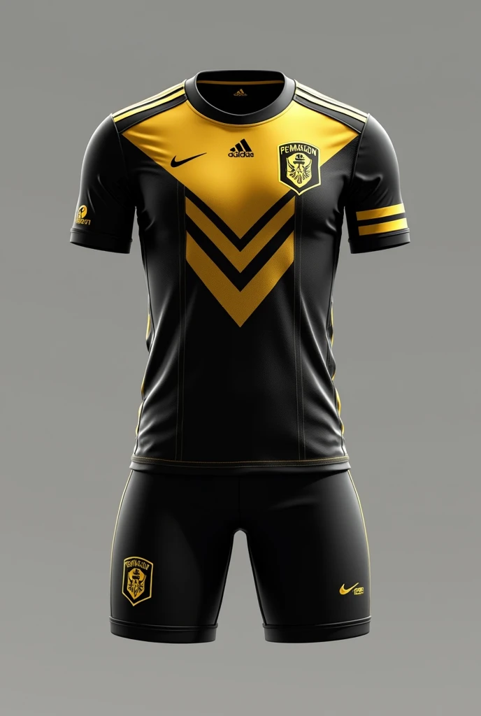 Create a black and gold soccer uniform for the team called Pentagon