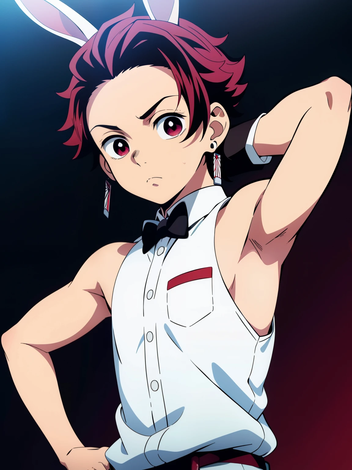 Highres, Masterpiece, Best quality at best,Best Quality,hight quality, hight detailed, Anime style, 1boy, Shota, young boy, Solo person, Tanjiro, red hair, earring, Bunny boy, Bunny ear, Seen from the front, look at viewer, upper body, (very young boy), (very small and short body), s, (Showing armpit:1.3), hansome boy, Uhd, Bokeh