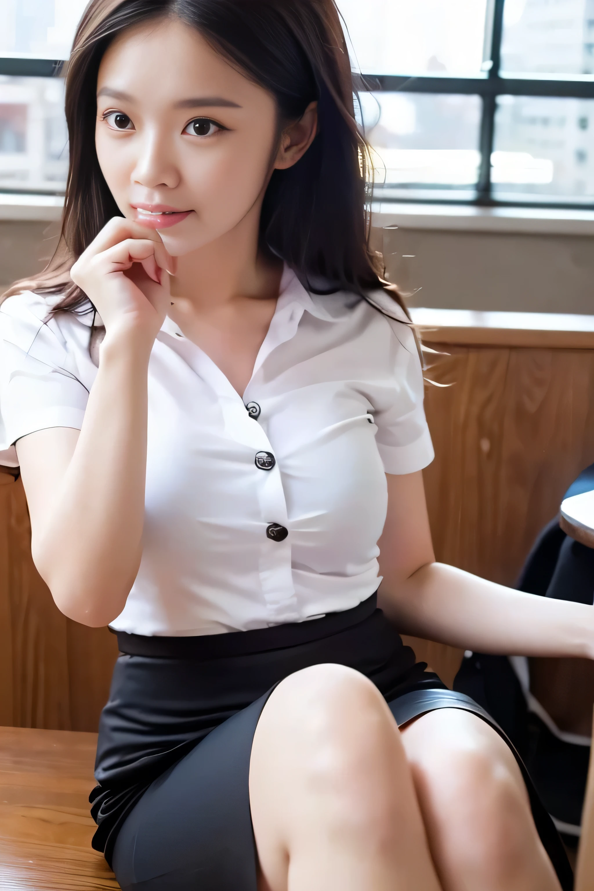 Close up,1 girl{{A beautiful woman wearing a white short-sleeved shirt and a short black pencil skirt}} , striking a sexy pose. with several lecture tables set up behind it There is a sliding glass window. There was evening light streaming into the room.