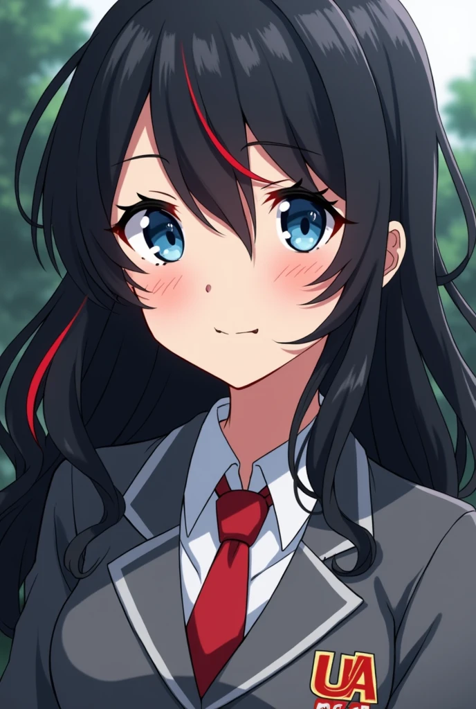 (Close-up of a better masterpiece:1.5) (realistic)
 My hero Academia. Pretty girl with long, wavy black hair with red highlights and blue eyes. Grey jacket, red tie and grey skirt with the UA logo. Attractive, realistic face with freckles on her cheeks. 
