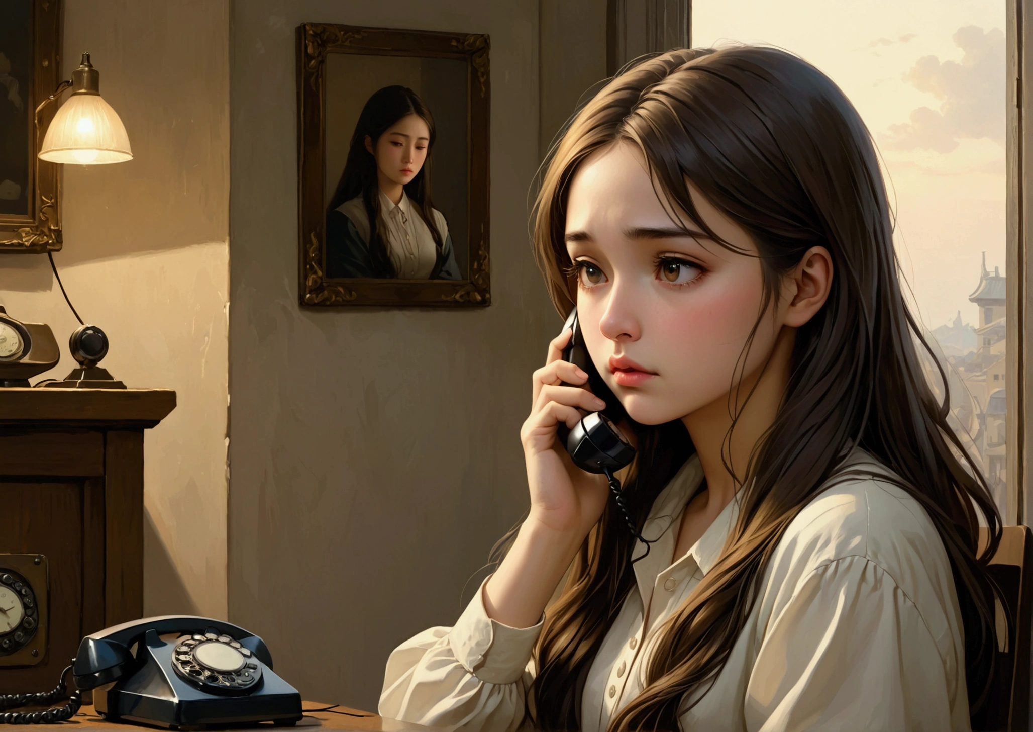 wonderful, masterpiece, Ultra-high resolution, Woman waiting by the phone、8K、Sad face、Long Hair