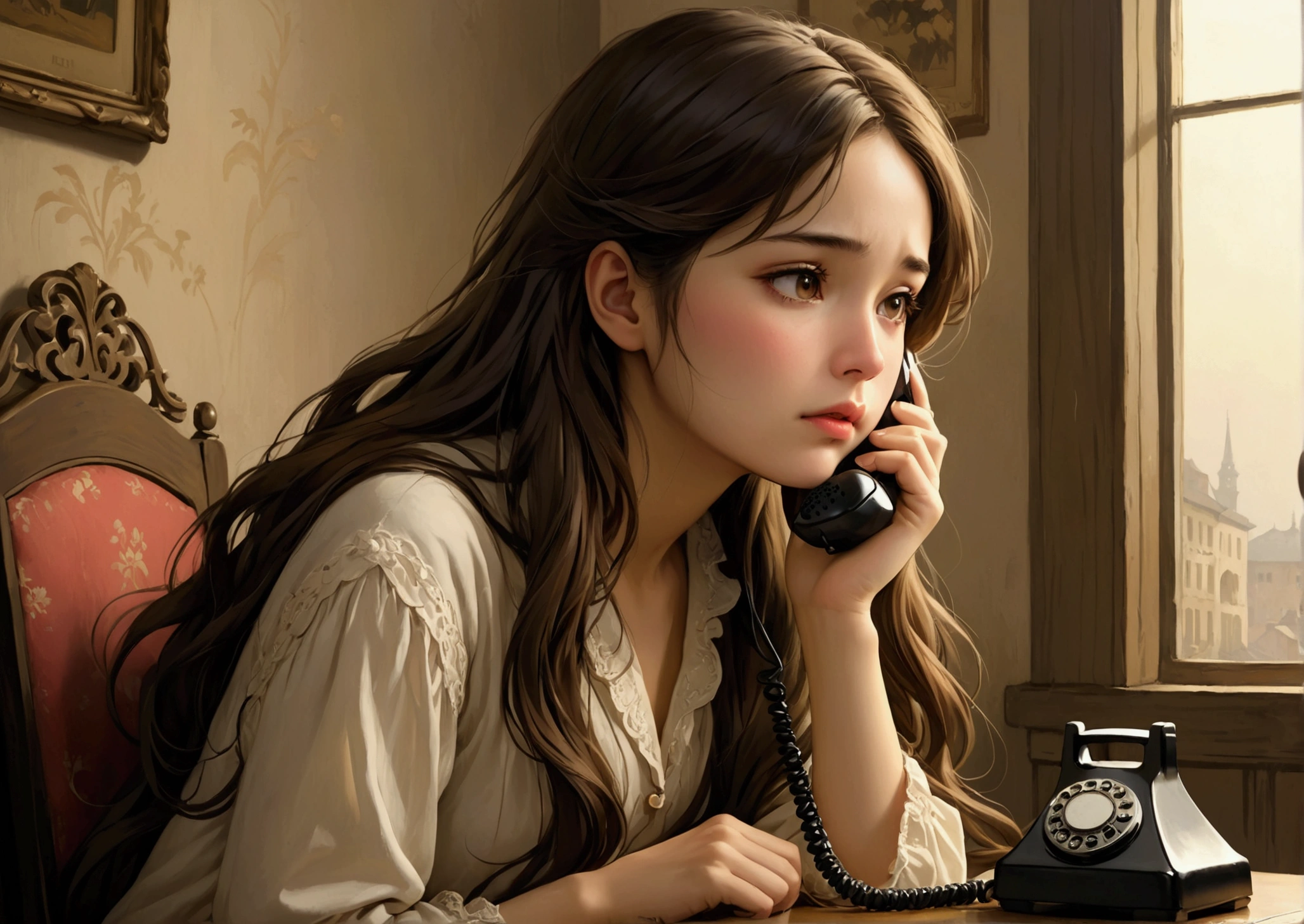 wonderful, masterpiece, Ultra-high resolution, Woman waiting by the phone、8K、Sad face、Long Hair