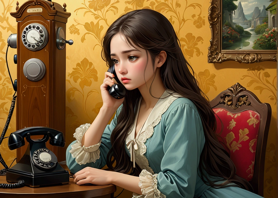wonderful, masterpiece, Ultra-high resolution, Woman waiting by the phone、8K、Sad face、Long Hair