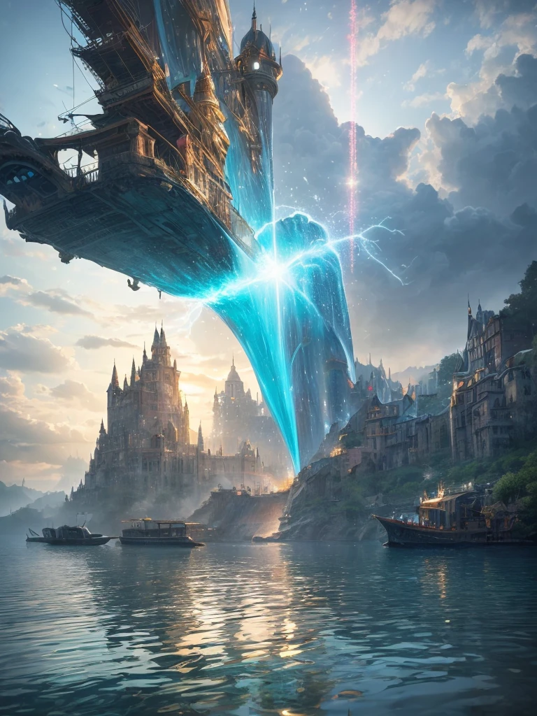 (8k, highest quality, masterpiece, final fantasy style: 1.2), (unRealistic, photoRealistic: 1.37), Dreamy landscape, Fantasy, Unsurreal landscapes, Super detailed, Flying Castle, Floating Island in the Sky, Seven-colored swirl of light, Intense lightning, milky way, Complex Light, Colored light, Large Lake, Starry sky reflected on the lake surface, Countless shining stars, Meteors,  Reflections , (A pillar of light emanated from the ground:1,2), roses and orchids gardens , sunset, pink clouds, waterfalls in the sky, realistic style, Hyperrealism drawing, a flying pirate spaceship floating at the clouds level, burning skyscrapers, cyborgs, timeless realms, stunning  princess  , floating hair, pink lipstick, cute, naked shoulders ,  casting spell, healing light magic effect, in a magical lagoon of the fairyland, crystal clear water surface reflections, sharp focus, looking at viewer, (close-up:0.9), (bright white theme:1.2), (bright white tone:1.2), (deep blue tone:1.3), realistic, Hyperrealism,