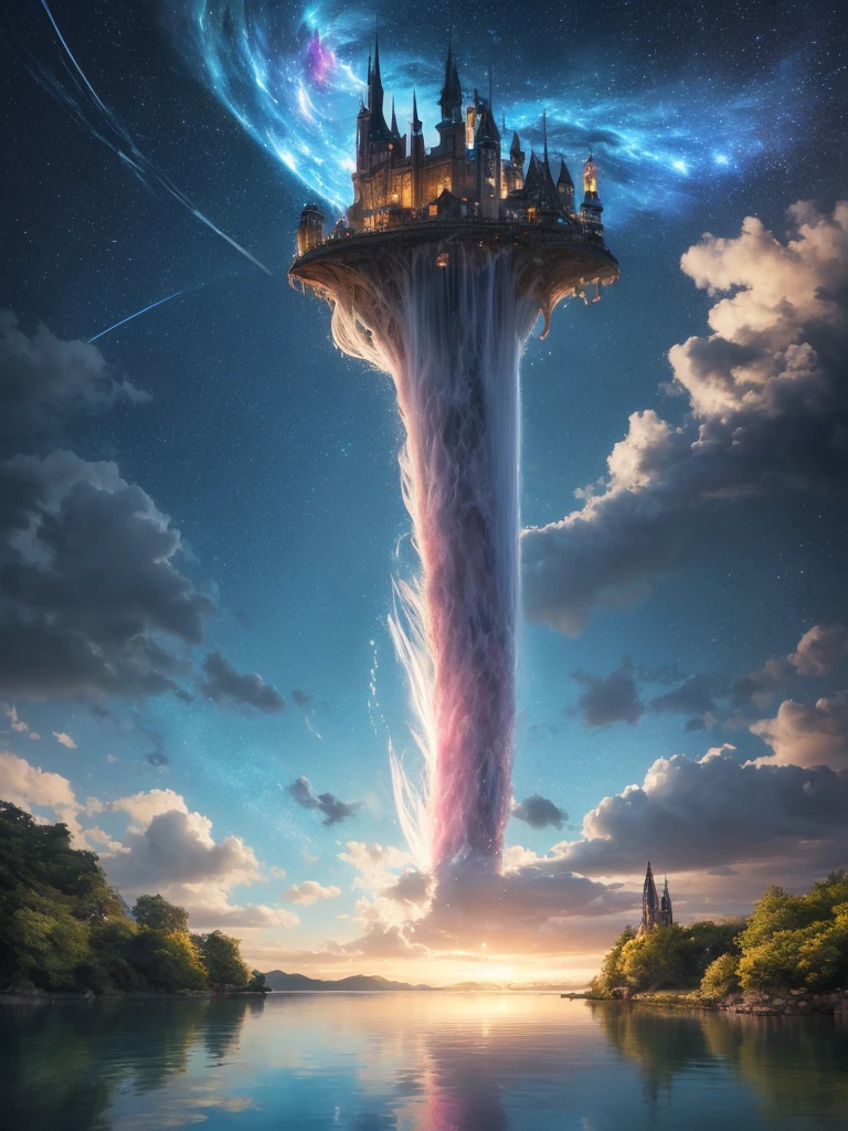 (8k, highest quality, masterpiece, final fantasy style: 1.2), (unRealistic, photoRealistic: 1.37), Dreamy landscape, Fantasy, Unsurreal landscapes, Super detailed, Flying Castle, Floating Island in the Sky, Seven-colored swirl of light, Intense lightning, milky way, Complex Light, Colored light, Large Lake, Starry sky reflected on the lake surface, Countless shining stars, Meteors, Reflections , (A pillar of light emanated from the ground:1,2), roses and orchids gardens , sunset, pink clouds, waterfalls in the sky, realistic style, Hyperrealism drawing, a flying pirate spaceship floating at the clouds level, burning skyscrapers, cyborgs, timeless realms, stunning princess , floating hair, pink lipstick, cute, naked shoulders , casting spell, healing light magic effect, in a magical lagoon of the fairyland, crystal clear water surface reflections, sharp focus, looking at viewer, (close-up:0.9), (bright white theme:1.2), (bright white tone:1.2), (deep blue tone:1.3), realistic, Hyperrealism,