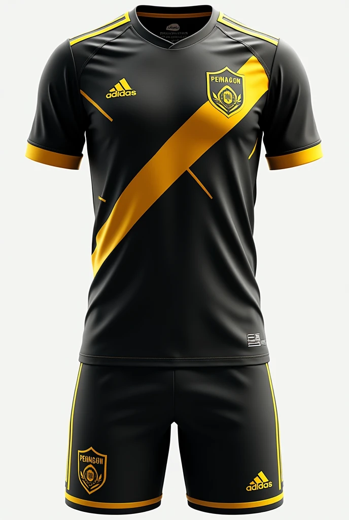 Create a black and gold soccer uniform for the team called Pentagon