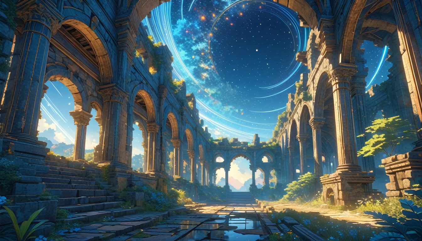 score_9, score_8_upper, score_7_upper,(((Fantastic ruins))),(((blue))),summer,horizontal line,Morning Glow,Starry Sky,Streaks of Light,(masterpiece, Highest quality, Highest quality, Official Art, beautifull, beautiful:1.2,Ray Tracing),Very detailed,Blue tones,Very detailed, (Fractal Art:1.3), Most detailed, High resolution, Impressive visuals, (Dynamic Stripes, Light trail:1.2), Vibrant colors ,Detailed Images