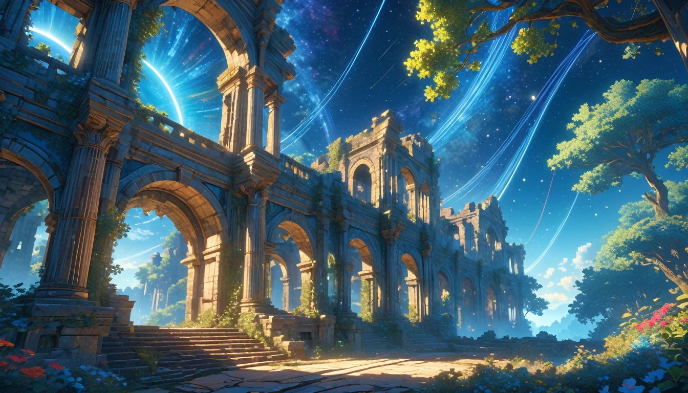 score_9, score_8_upper, score_7_upper,(((Fantastic ruins))),(((blue))),summer,horizontal line,Morning Glow,Starry Sky,Streaks of Light,(masterpiece, Highest quality, Highest quality, Official Art, beautifull, beautiful:1.2,Ray Tracing),Very detailed,Blue tones,Very detailed, (Fractal Art:1.3), Most detailed, High resolution, Impressive visuals, (Dynamic Stripes, Light trail:1.2), Vibrant colors ,Detailed Images