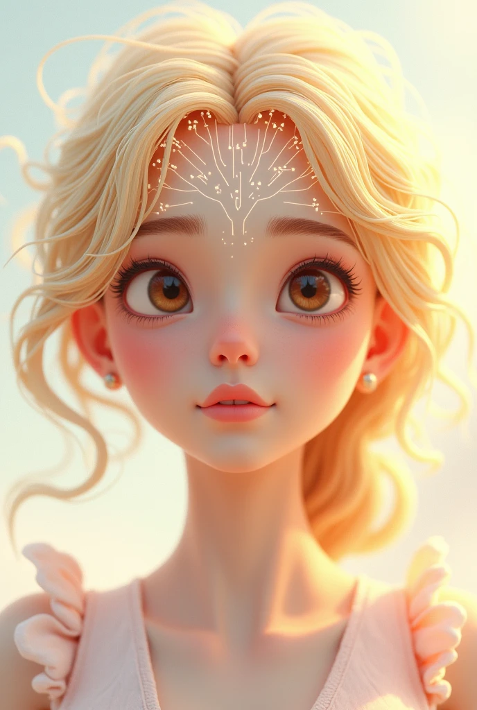 an animation , blonde woman, Brown eyes, that has elements of psychology , design and technology elements : (brains, circuits and digital design elements) Light colors