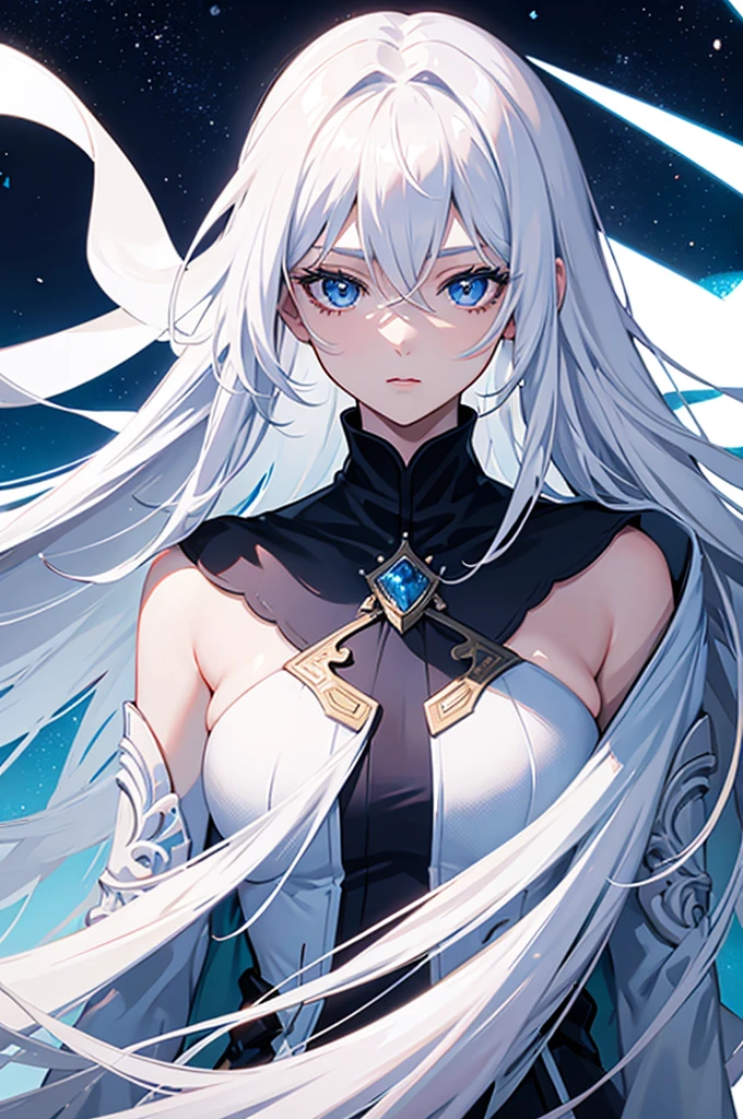 Cover magazine, anime, woman, solo, long hair, white hair, blue eyes, model, beautiful, half body potrait, fantasy, ice