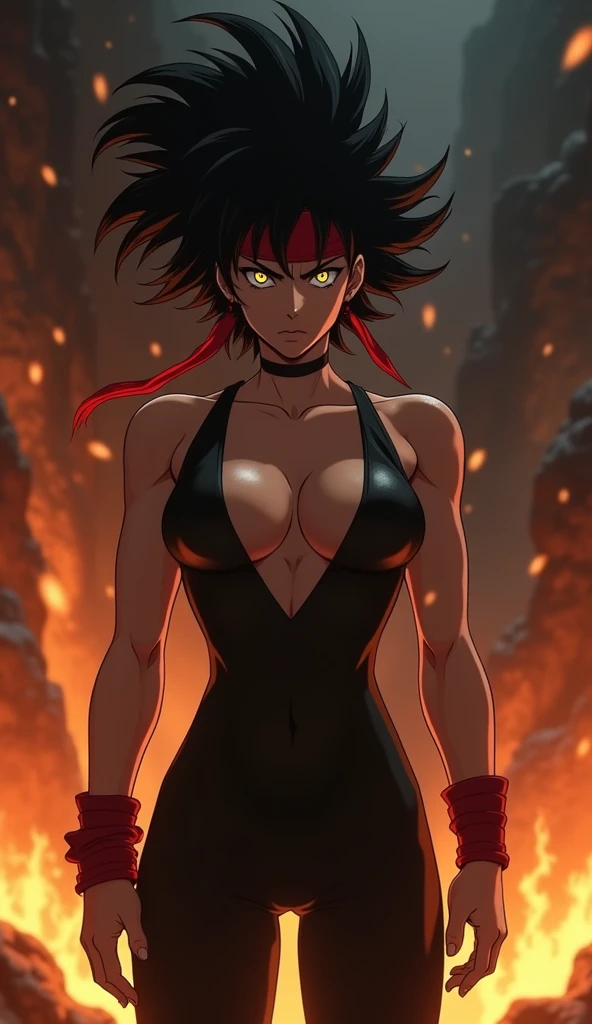 Create a live-action depiction of a gender-swapped Hiei from Yu Yu Hakusho. The character is a  yet muscular woman with a larger chest. She wears a black, form-fitting outfit that reveals her midriff and emphasizes her chest, resembling Hiei’s original dark, ninja-like attire. Her spiky black hair is realistically styled, and she has a red headband tied around her forehead, with her Jagan eye visible on her forehead. Her expression is intense and cold, reflecting her fierce and determined nature. The background should be a dark, fiery landscape with realistic flames and shadows, matching her affinity for fire and darkness.