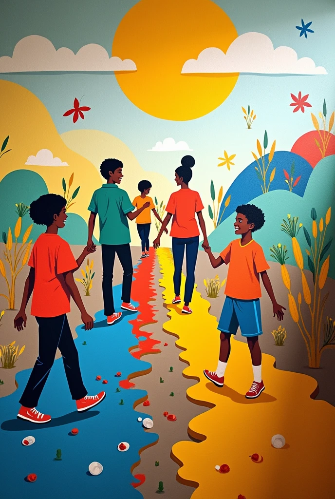 school mural, colors yellow blue and white,  with drawings about leaving a mark, sow harvest