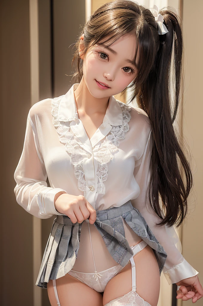 ((smile))、Confused、RAW Photos、(((The ultimate portrait masterpiece)))、((The cutest girl in the world:1.4))、1 person、、Japanese、Cute Face、((Silky Hair))、(A high ponytail tied with a ribbon:1.4)、((Eyes that shine like jewels))、Glowing Skin、(young woman;A school uniform consisting of a transparent white shirt, Thin ribbon, blazer, Checkered pleated skirt.:1.5)、Winter clothes、(Uniforms made from high-quality fabrics:1.4)、Ultra-detailed uniforms、(She shyly pulls up her skirt:1.3)、(Lace panties are visible.:1.3)、((Crotch from the front))、A skirt fluttering in the wind、eyeliner、Beautiful Bangs、Hair between the eyes、((solve、High resolution))、Detailed Background、8 KUHD、Digital SLR、Soft Light、high solve、Film Grain、Fujifilm XT3、Shallow depth of field、自然なSoft Light、Narrow waist,(Beautiful girl with sparkling eyes:1.3),(skirtlift),(((Sexy see-through lingerie for women,Shiny bodysuit,Smooth and silky clothing,Trimmed combination,Lace Stockings,Erotic leash,pajamas))),