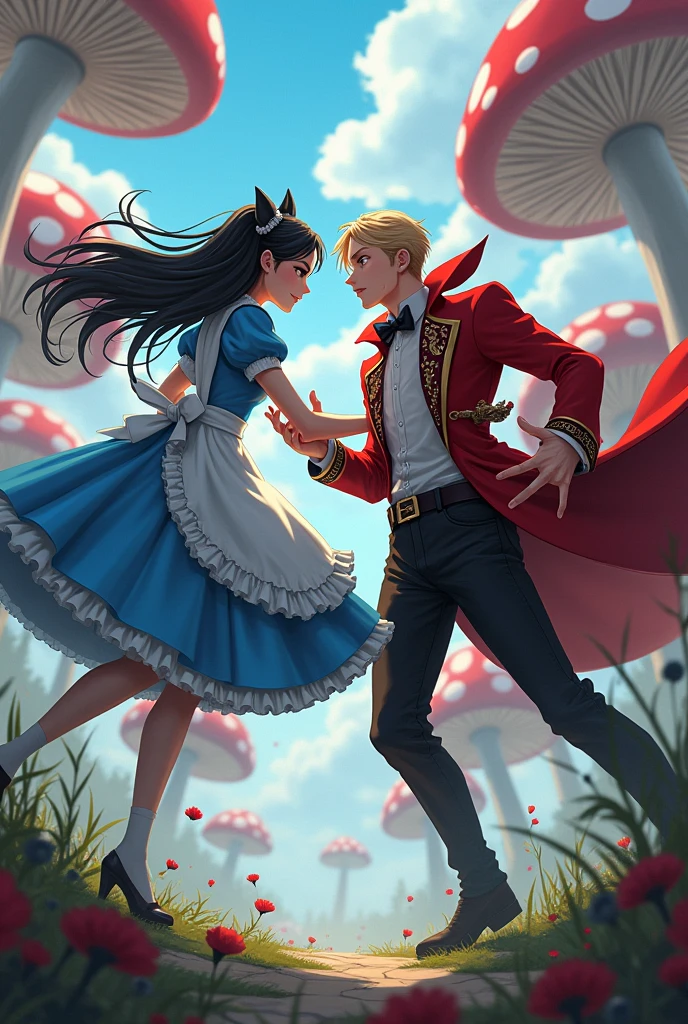 I want Alice, male version and the Queen of Hearts, male, the two fighting, anime version, a little realistic, male, the two
