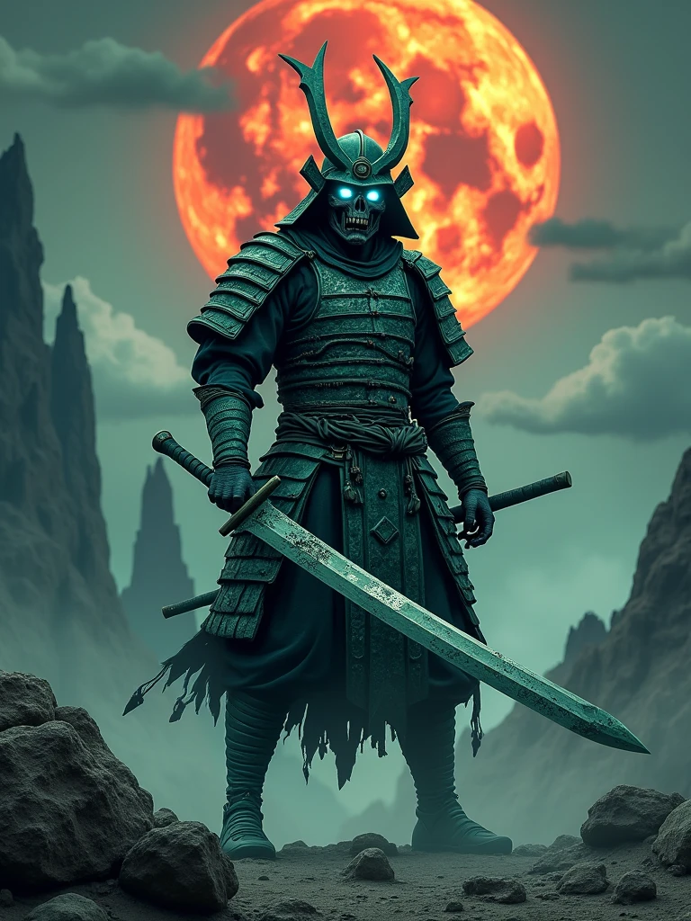 a fierce and intimidating zombie samurai,ancient tattered armor,dark green and black hues,intricate demonic patterns,menacing horned helmet,fiery blue glowing eyes,massive cursed katana,dark energy emanating from the blade,strong aggressive posture,battle-hardened warrior,made a pact with dark forces,desolate eerie landscape,jagged rocks,ominous swirling clouds,blood-orange moon,(best quality,4k,8k,highres,masterpiece:1.2),ultra-detailed,(realistic,photorealistic,photo-realistic:1.37),dark fantasy,digital art,dramatic lighting,moody atmosphere,cinematic composition,epic scale