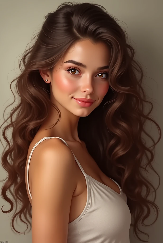 Make a picture of a brunette woman of 1,70m high, with long, curly honey brown hair, your body is thin but a little chubby, her eyes are brown too she is 2
