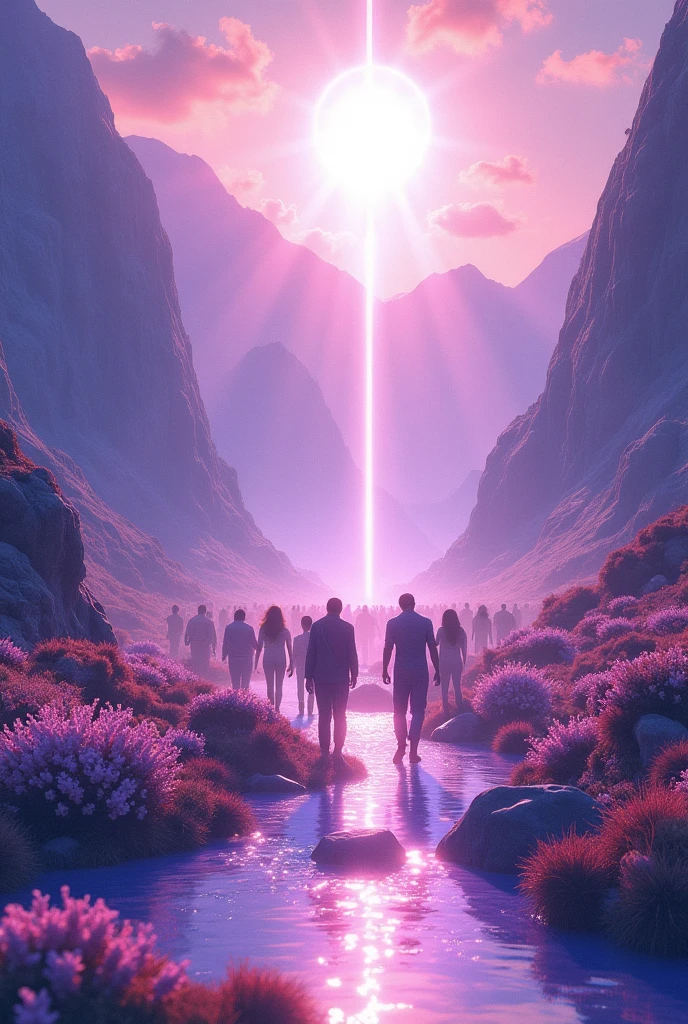a 3d style image, water colour, da sombra de uma multidão de pessoas andando para um lugar muito sunlit. A beautiful place, full of mountains, sunlit, in shades of lilac and lavender, of the fifth dimension, with vibration, Espiritualidade. There were many crystals and diamonds around, Flowers and Waters. Angelical