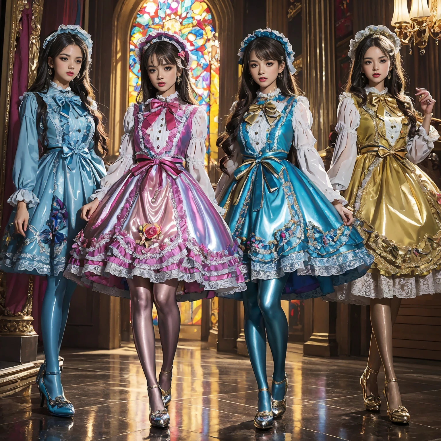 Movie poster composition, Ambilight, Nine-head body, Group photo, ((multicolored))，Three or more girls，Model figure, long-legged woman, A woman in a luxurious and elaborate lolita dress, wearing lolita mary jane shoes with ornate details, patterned tights, (Glossy Reflecting collection), (Glossy Reflecting collection), (Oily shiny)), (Metallic clothes), (Metallic dress), (Metallic tights):1.2)，on a snowy mountain, Postures vary, with reflective skin and reflective clothing, venusbody,Large movement amplitude, (full body shot), ray tracing, reflection light, chiaroscuro, UHD, masterpiece, anatomically correct, textured skin, super detail, high quality, 4K, highres