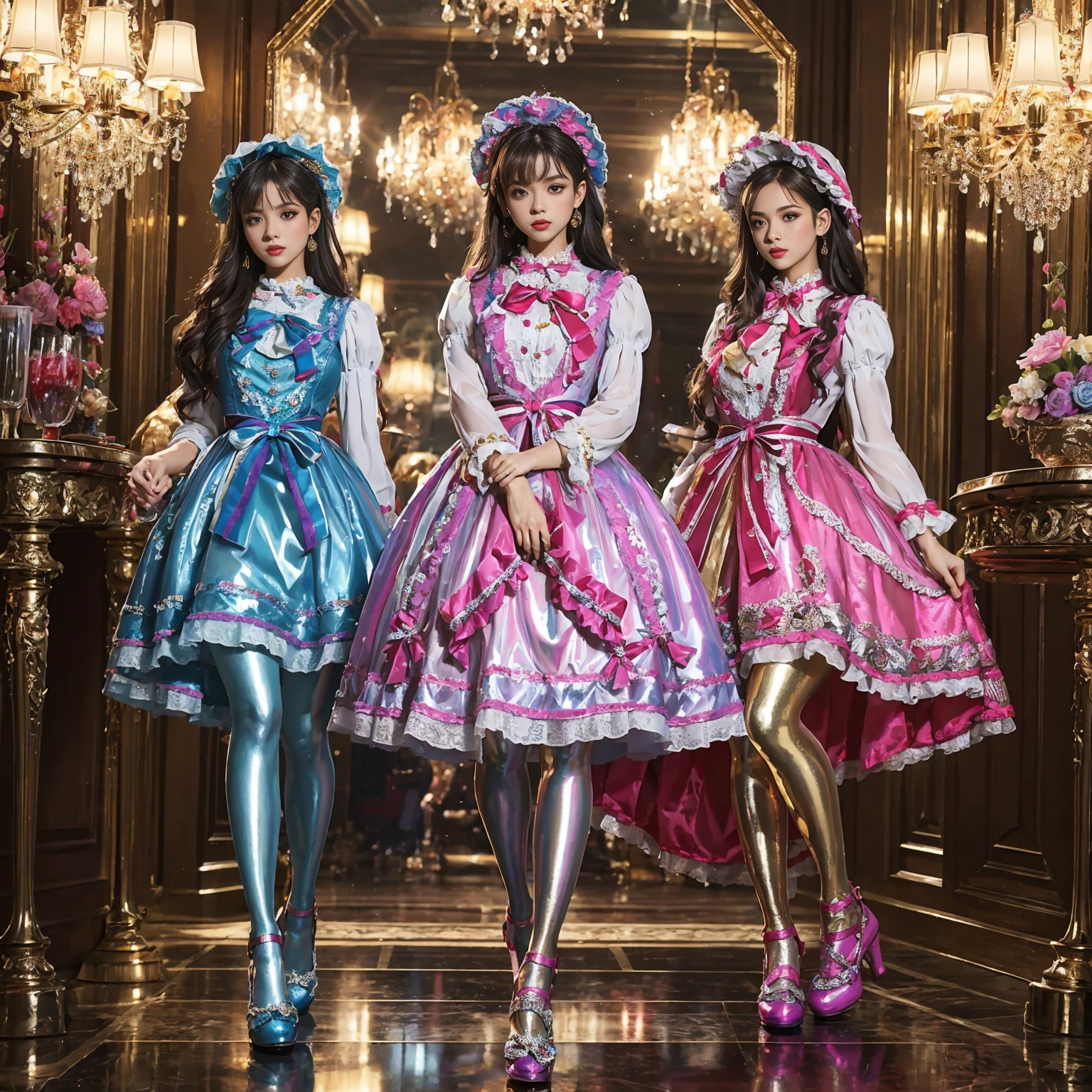 Movie poster composition, Ambilight, Nine-head body, Group photo, ((multicolored)),Three or more girls,Model figure, long-legged woman, A woman in a luxurious and elaborate ta dress, wearing loliary jane shoes with ornate details, patterned tights, (Glossy Reflecting collection), (Glossy Reflecting collection), (Oily shiny)), (Metallic clothes), (Metallic dress), (Metallic tights):1.2),on a snowy mountain, Postures vary, with reflective skin and reflective clothing, venusbody,Large movement amplitude, (full body shot), ray tracing, reflection light, chiaroscuro, UHD, masterpiece, anatomically correct, textured skin, super detail, high quality, 4K, highres