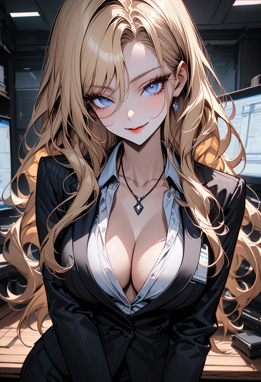 solo female, long wavy blonde hair, blue eyes, wink, secretary, office, wooden furniture:0.1, business suit, seductive smile, elegant, loose shirt, necklace, business jacket, cleavage, computers, very large breasts, very long lashes, medium shot, futuristic:0.3