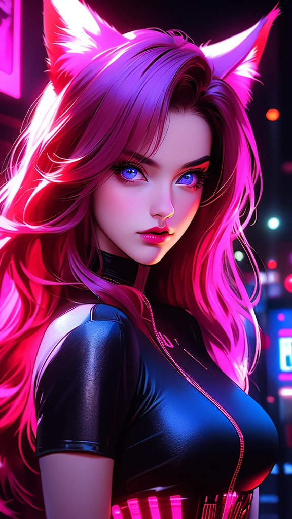a girl with long red hair and cat or fox ears, looking directly at the viewer, solo portrait in a neon noir style, detailed blue eyes, full lips, large breasts, detailed facial features, complex hairstyle, dramatic blue, pink, purple neon lighting, cinematic composition, photorealistic, 8k, highly detailed, masterpiece