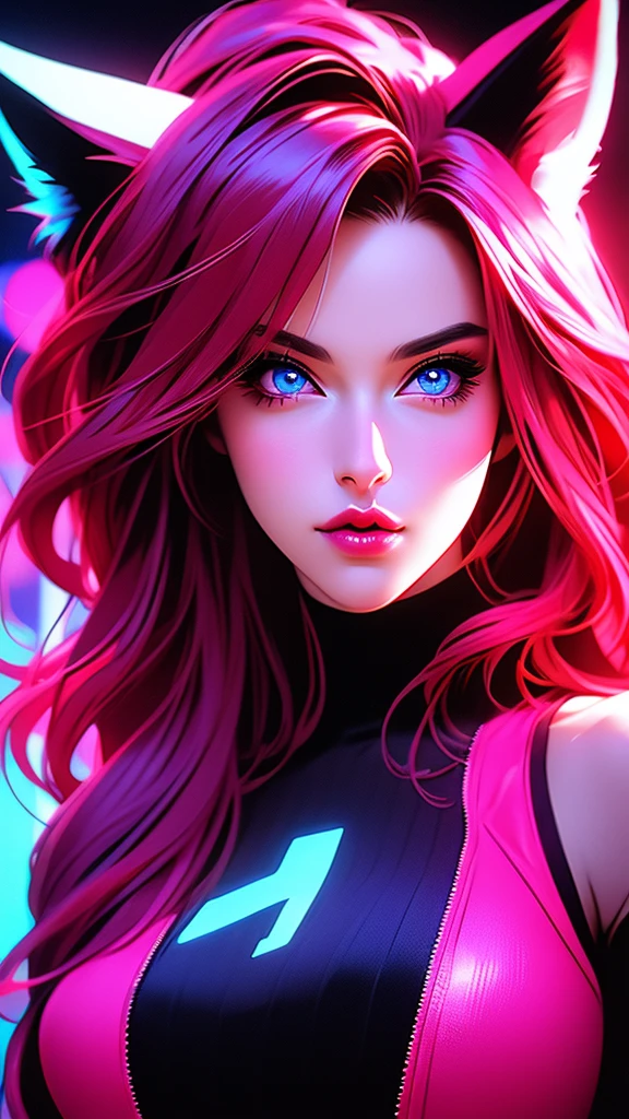 a girl with long red hair and cat or fox ears, looking directly at the viewer, solo portrait in a neon noir style, detailed blue eyes, full lips, large breasts, detailed facial features, complex hairstyle, dramatic blue, pink, purple neon lighting, cinematic composition, photorealistic, 8k, highly detailed, masterpiece