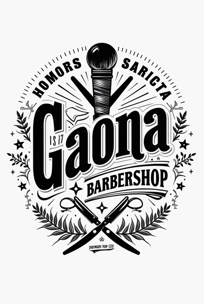 Could you create a logo for a barbershop with the name of gaona barbershop for a profile photo with a black and white background with gray and barber tools in the background in 4k?