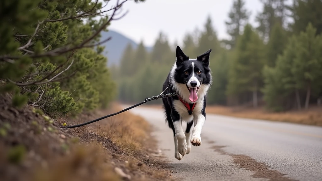 A Border Collie dog is running at the extreme right edge of the image, with its tongue out. The dog is wearing a special running leash, similar to those used for sled dogs. The scene captures only the front half of the dog, focusing on its head and upper body. The surrounding environment is dense with vegetation, creating a closed, natural setting. On the left side of the image, there is a view of thick vegetation, including tall trees. The photo is taken in a high-resolution DSLR style, using a wide-angle lens and an f/4 aperture, creating a soft blur effect in the background to emphasize the depth of the landscape.